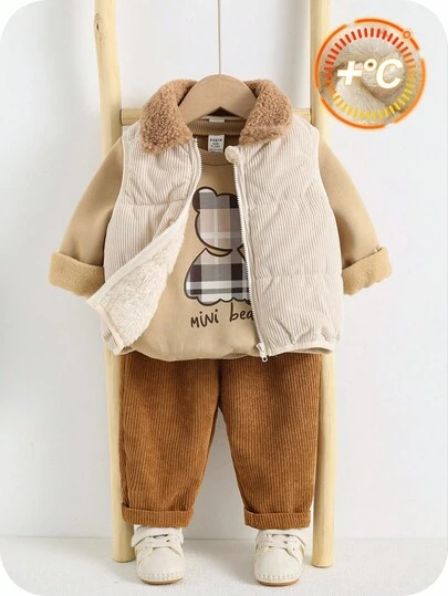 SHEIN 男婴可爱卡通图案三件套运动服，包括卫衣、运动裤和保暖背心外套，男女宝宝冬季服装，男婴冬季套装，男婴休闲套装，男婴灯芯绒套装，男婴小熊图案秋季套装