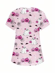 PopScrub Women's Pink Summer Maid Work V-Neck Short Sleeve Double Pocket Cute Ghost,Pumpkin,Spider Print Nurse Doctor Health Check Pet Grooming Uniform Top - Pink - View 2