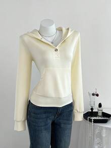 Elamini 女式休闲简约空气层纽扣连帽修身长袖运动衫，秋季 - 杏色 - 查看 4