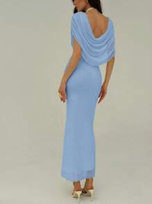 Aloruh Women Solid Color Drape Fit And Flare Dress Blue - Blue - View 2