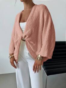 EURMUSE Damen V-Ausschnitt Loose Elegant Minimalistischer Pullover - Wassermelonenrosa - Übersicht 7