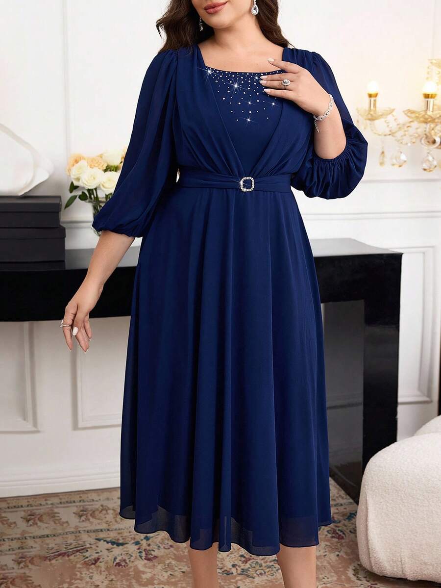Modelyn Plus Size Rhinestone Color Block Waist Cinched Long Sleeve Dress - Navy Blue - View 1