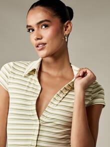 MISSGUIDED Mono a rayas con botones, mono de verano con cuello, mono corto de punto acanalado, mono de punto ajustado de moda Y2K, pantalón corto casual de playa - Multicolor - Ver 5