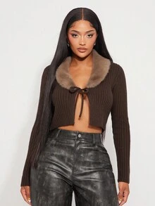 Radiana Cardigan feminino de malha curta com amarração na frente, cor sólida, gola de pele, manga comprida, suéter marrom com gola de pele, blusa marrom de manga comprida para outono/inverno