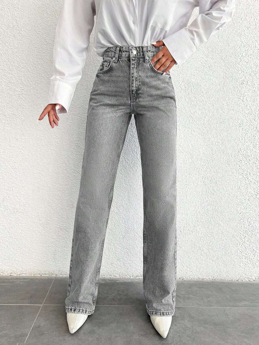 SHEIN Tall 高腰休闲直筒牛仔裤 - 灰色 - 查看 1