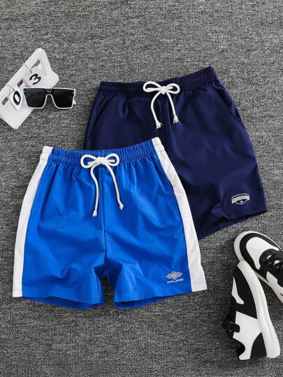 SHEIN 青少年/青年男孩休闲纯色健身运动短裤，舒适百搭，适合通勤、上学、休闲、旅行、运动、春夏季
