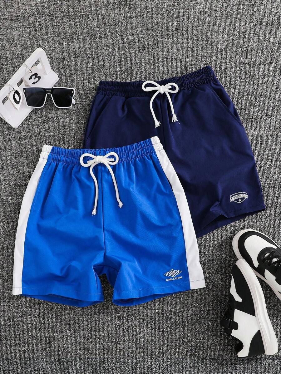 SHEIN 2pcs Teens/Youth Boys Casual Solid Color Workout Sports Shorts,Comfortable Versatile Navy Summer Streetwear,Suitable For School,Leisure,Travel - Royal Blue - View 1