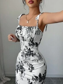 Elenzga 新款女式细肩带蝴蝶结腰部荷叶边下摆开衩设计连衣裙，适合约会、派对、日常穿着，优雅迷人 - 黑色 - 查看 3