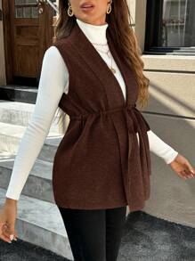 SHEIN Áo vest dệt kim lưng rút màu trơn thường ngày cho bà bầu, Thu/Đông - Cà phê nâu - Xem 4