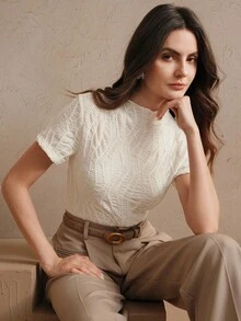 Anewsta 女士优雅度假沙滩休闲针织纹理褶皱杏色短袖T恤