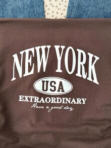 SHEIN Teen Girls' Casual Slant Shoulder Letter Print Cropped Ruched Hem Top, Street Style, Basic, Daily, Versatile, Sporty Fashion, Spring & Summer, Back To School Clothes Cropped T Shirt Brown Clothes For Teen Graphic Tees Teen Cropped T-Shirt New York Shirt Brown Graphic T-Shirt - Brown - View 4