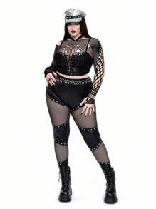 SHEIN Whyspr Quần legging cạp cao co giãn họa tiết Halloween Punk thường ngày bằng da PU co giãn cao cỡ lớn - màu đen - Xem 5