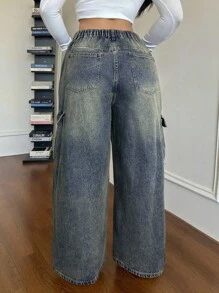 Dripcurv Plus Size Casual Loose Straight Leg Jeans, Blue Baggy Jeans Y2k Two Piece Denim Set Low Rise Jeans Cargo Jeans Wide Leg Jeans - Dark Wash - View 2