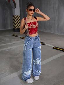 SHEIN 少女Y2K时尚水洗毛边星形装饰直筒牛仔裤，秋季返校街头风。星形破洞牛仔裤，浅蓝色，Y2K宽松牛仔裤，酸洗牛仔裤，冬季 - 中等水洗藍 - 查看 4