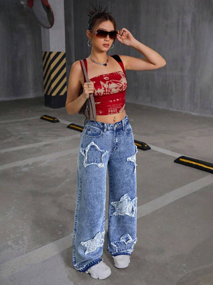 SHEIN 少女Y2K时尚水洗毛边星形装饰直筒牛仔裤，秋季返校街头风。星形破洞牛仔裤，浅蓝色，Y2K宽松牛仔裤，酸洗牛仔裤，冬季 - 中等水洗藍 - 查看 4