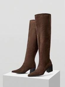 Mnmlis Autumn/Winter Fashion Pointed Toe High Heel Khaki Over-The-Knee Boots, Warm Thermal Lined Tall Riding Boots For Women For Christmas - Brown - View 5