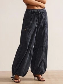 Bohemela 波西米亚风纯色休闲褶饰宽松抽绳阔腿可变换女式裤子