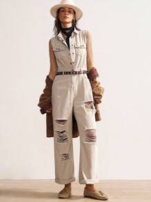 Bohemela BOHO Vintage Casual Solid Color Ripped Woven Sleeveless Jumpsuit For Women - Apricot - View 5