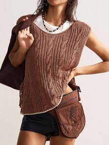 Bohemela 波西米亚风复古编织侧系带女式针织上衣 - 棕色 - 查看 4