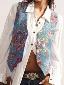 Bohemela Chaleco casual con estampado floral de jacquard, chaqueta bohemia de vacaciones con trenzas para otoño/invierno - Multicolor - Ver 6