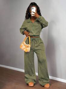 Slaydiva 2025春夏秋冬新款休闲简约军绿色雪洗针织半开襟立领长袖毛衣+高腰阔腿条纹裤女两件套，适合日常出行、返校、毕业典礼、购物、通勤、朋友聚会、早午餐、机场穿搭、度假、运动休闲等场合。 - 軍綠色 - 查看 6