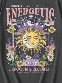 Tseoso 34% 纯棉女式休闲简约植物、太阳、月亮和口号图案短袖超大 T 恤，神秘、占卜，适合夏季、复古、街头服饰、图案 T 恤、夏季外出、女士外出上衣、返校、派对、毕业典礼 - 深灰色 - 查看 4