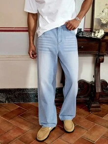 SWAVVY Quần jean denim dài dáng rộng cho nam, màu xanh xám - Màu xanh lam - Xem 4