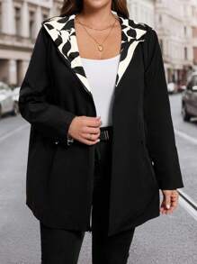 SHEIN Clasi Áo khoác cỡ lớn có thể đảo ngược, một mặt in họa tiết lá màu đen, một mặt trơn màu đen, thu/đông - Nhiều màu - Xem 5