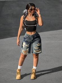 SHEIN PETITE Shorts vaqueros desgastados y lavados de mujer de estilo casual - Azul - Ver 5