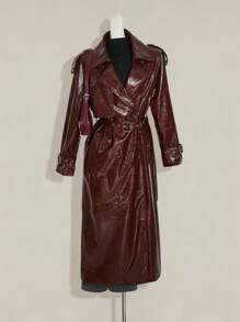 SHEIN ICON 女式纯色长袖 PU 皮夹克 - 酒紅色 - 查看 4