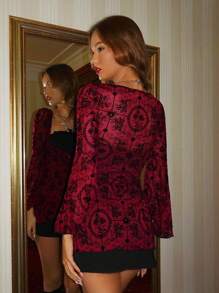 EgrlEra Women's Lace-Up Long Sleeve Sexy Crop Top & Shorts Two Pieces Set, Halloween Red And Black Outfit Women Casino Night Outfit For Women - Multicolor - View 2