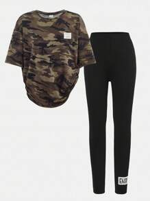 SHEIN Tween Girl Casual Street Style Camouflage Pattern Loose Oversize Letter English Slogan Crew Neck Short Sleeve T-Shirt And Fitted Leggings 2 Pieces Set - Army Green - View 7