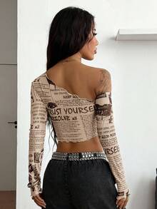 Coolane 女士秋季/四季皆宜的西部风情节日服装，报纸图案弹力不对称领口长袖露脐上衣，西部风情露脐上衣，透视款 - 杏色 - 查看 6