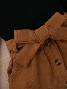 SHEIN Tween Girl Ribbed Knit Ruffle Trim Tee & Cord Belted Skirt