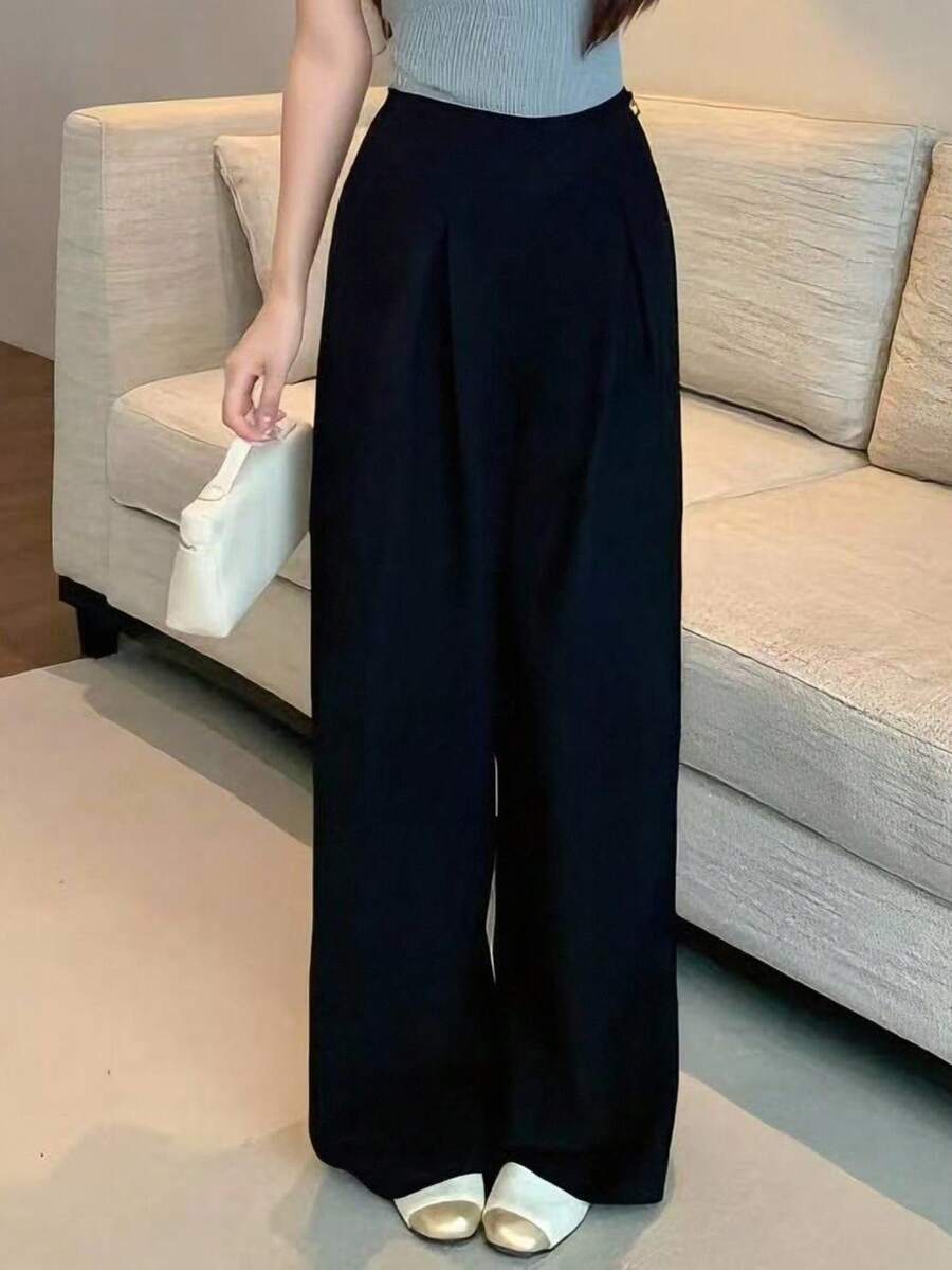 Modelyn French Style High Waist Side Pleated Versatile Slimming Women Pants Fall Cloth For Women - Black - View 1