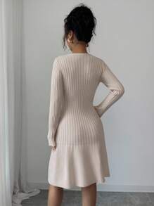 Elenzga Women's Solid Color Round Neck Long Sleeve Button Design Knitted Dress Fall Winter Cloth For Women - Maroon - View 2