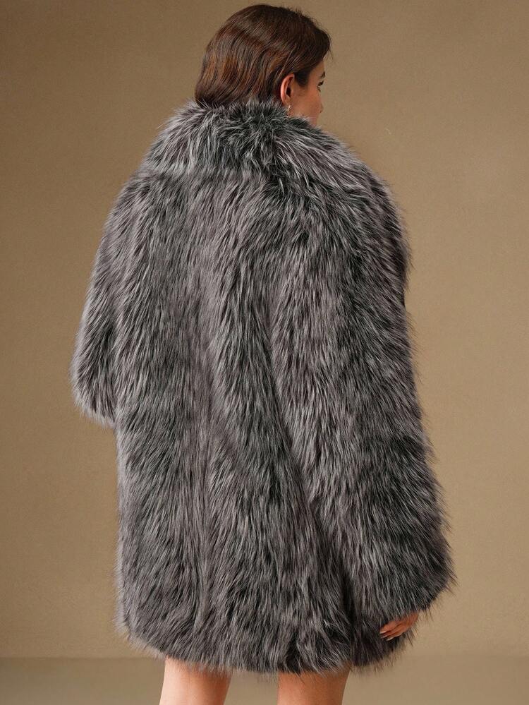 Vintage High-End Ombre Gray Faux Fur Collar Women Jacket, Autumn/Winter