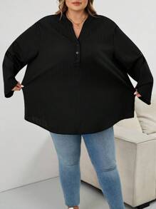 SHEIN CURVE+ Plus Size Textured Black Blouse: Button-Front, Roll-Tab Sleeve, Casual Top,Teacher Shirtsfall Clothes For Women,Winter,CURVE PLUS