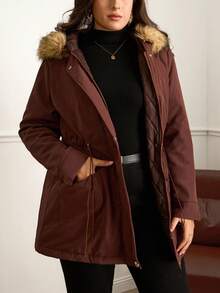 Chikora 大码女式加厚保暖棉质外套（仿毛皮），适合秋季、冬季、外出、工作、办公室等各种场合，也适合商务女性穿着。 - 棕色 - 查看 3