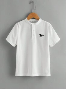 SHEIN 青少年男孩夏季学院风立领短袖刺绣马匹 Polo 衫