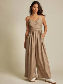 WESTFADE Tonal Striped Woven Surplice V Neck Smocked Back Tie Waist Sleeveless Wide Leg Utility Jumpsuit Fall Clothes For Women, Autumn, Winter, Country Concert Outfit, Boho, Western Wear, Casual, Cute, Nashville Cowgirl - Brown - View 3
