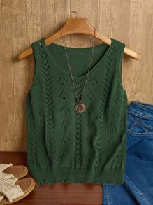 Linhara Plus Size Solid Color V-Neck Hollow Out Sleeveless Knit Top, Casual - Green - View 1