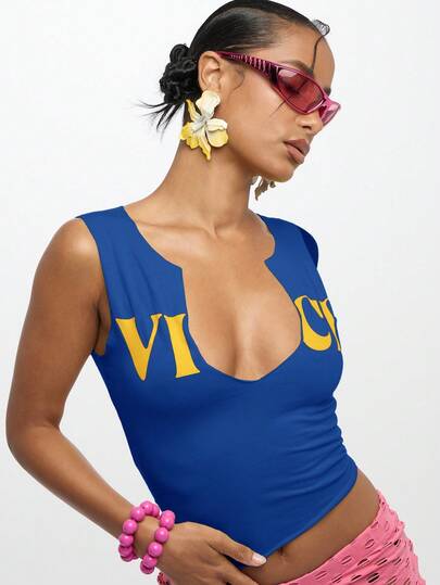 SUMWON WOMEN Notch Neck Form Fitting Tank Top With Gold Lettering Crop Length Summer Festival Club Party Evening Casual Fashion Design Front Cut Out Sleeveless