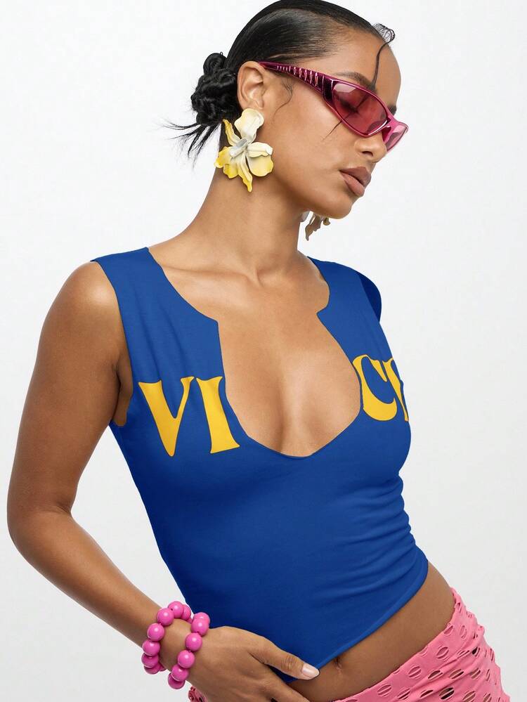 SUMWON WOMEN Notch Neck Tank Top With Gold Text Design