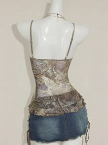 SHEIN ICON Áo hai dây họa tiết Paisley cổ điển dành cho nữ mùa hè - Màu Khaki - Xem 2