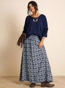 SHEIN LUNE Plus Size Women Holiday Casual Knit Top & Allover Print Skirt 2 Pieces Set Fall/Winter Clothes Chic - Navy Blue - View 1
