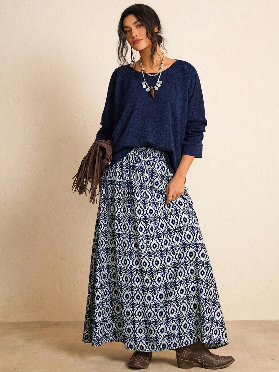SHEIN LUNE Plus Size Women Holiday Casual Knit Top & Allover Print Skirt 2 Pieces Set Fall/Winter Clothes Chic - Navy Blue - View 1