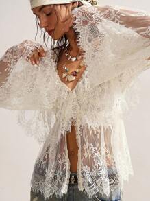 Bohemela Áo cánh tay dài cổ chữ V ren dệt kim màu trơn đơn giản cho nữ - Màu be - Xem 6