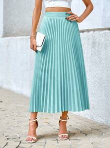 SHEIN Privé Váy công sở thanh lịch xếp ly eo thun màu trơn cho nữ - Màu xanh Cadet - Xem 1