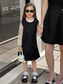 SHEIN Robe blanche à manches longues en maille, plissée au bas, confortable, pour jeunes filles. Automne/Hiver - Noir - Voir 1